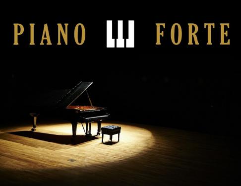 grafika ozdobna przedstawiająca fortepian i napis Piano e Forte