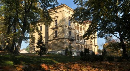 Kolorowe zdjęcie Willi Decjusza z dalszej perspektywy wśród drzew