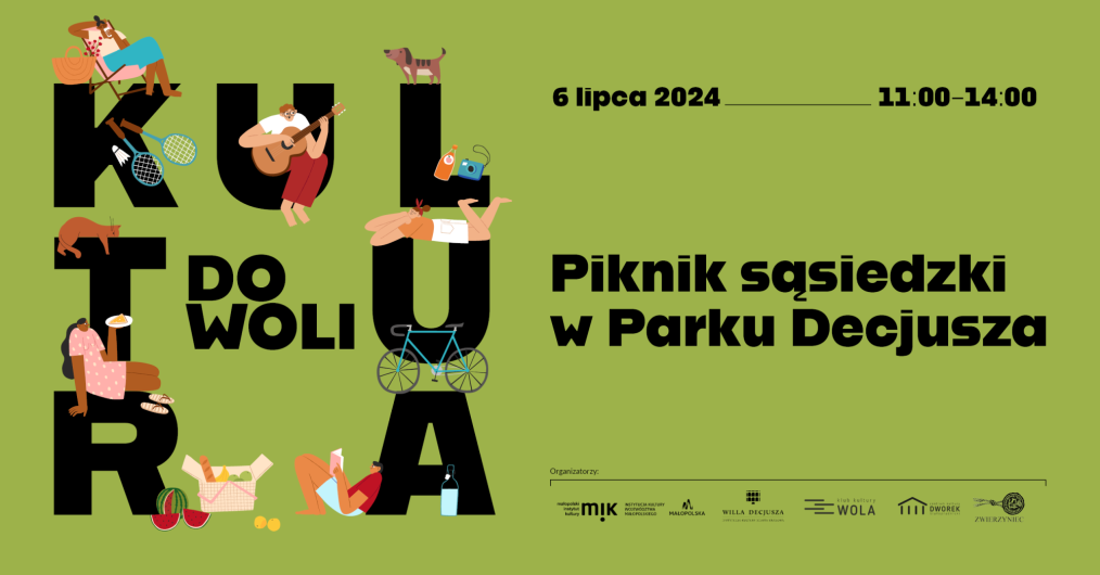 Kolorowa grafika z napisem Kultura Do Woli - Piknik Sąsiedzki w Parku Decjusza