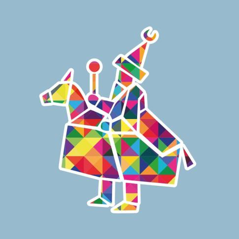 The graphic shows a Krakow Lajkonik made of a mosaic of colorful triangles
